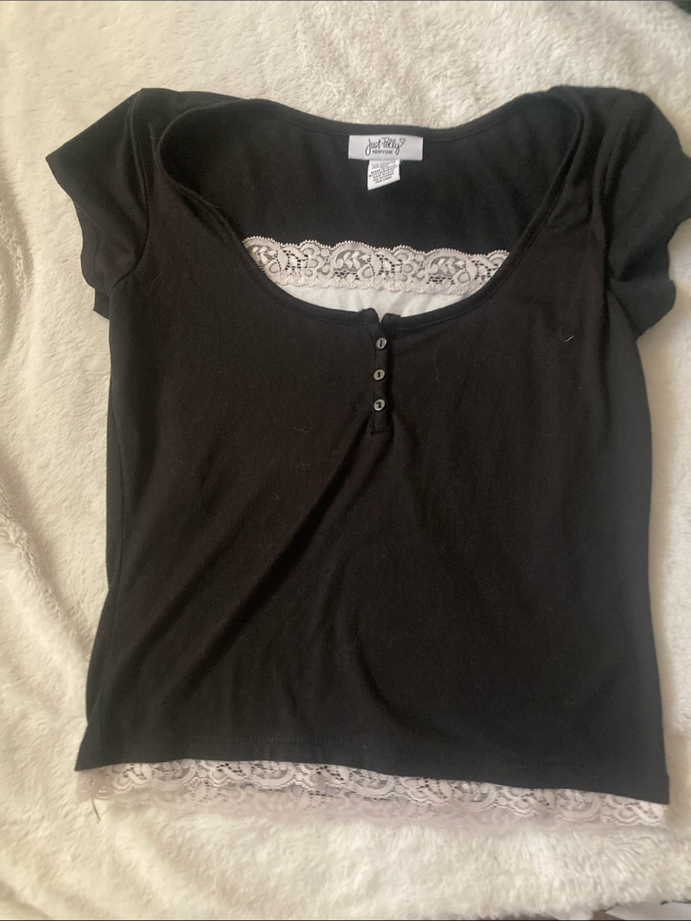 Just Me Black Short-Sleeve Scoop Tee with White Lace Trim